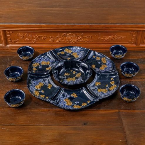 Bộ Bát Đĩa Thờ Cúng Bát Tràng Men Màu Xanh Coban Đắp Nổi DT916