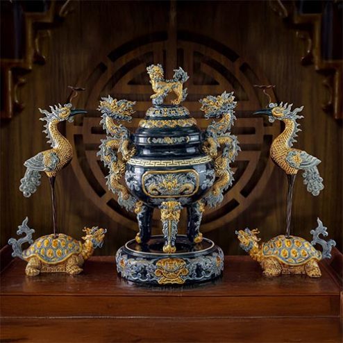 Bộ Đỉnh Hạc Gốm Sứ Bát Tràng Men Màu Xanh Coban Đắp Nổi DT900