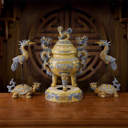 Bộ Đỉnh Hạc Hoàng Thổ Đắp Nổi Bát Tràng DT898