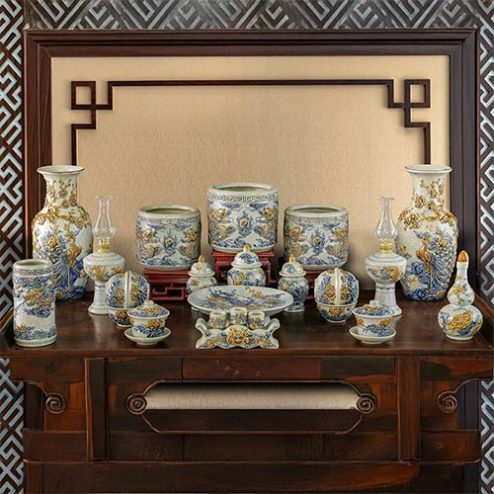 Bộ Đồ Thờ Bát Tràng 3 Bát Hương Men Rạn Đắp Nổi BDT117