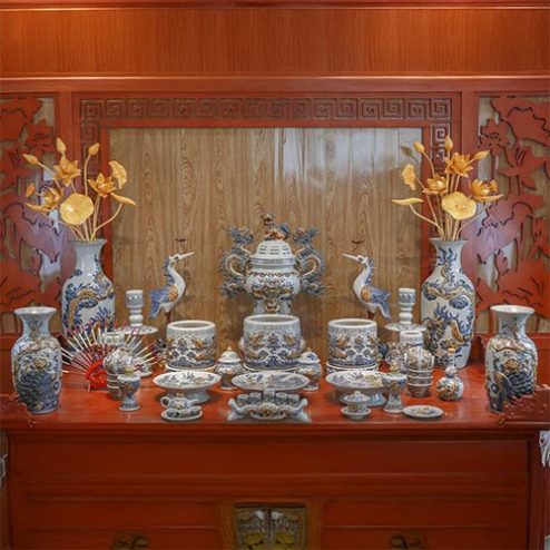 Bộ Đồ Thờ Bát Tràng Gốm Sứ Cao Cấp Men Rạn Đắp Nổi BDT110