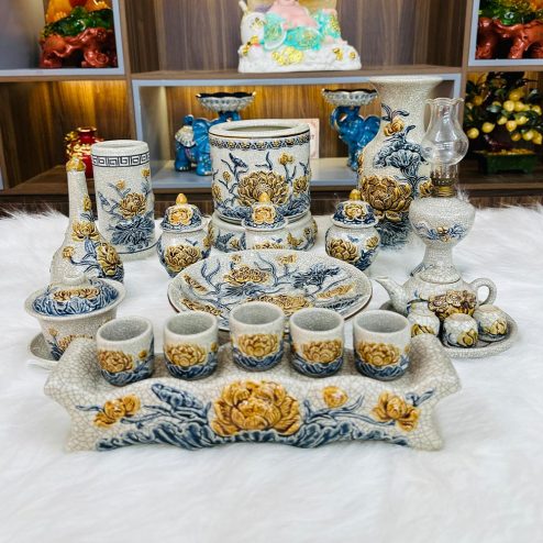 Bộ Đồ Thờ Đắp Nổi Hoa Sen Men Rạn Bát Tràng BDT111