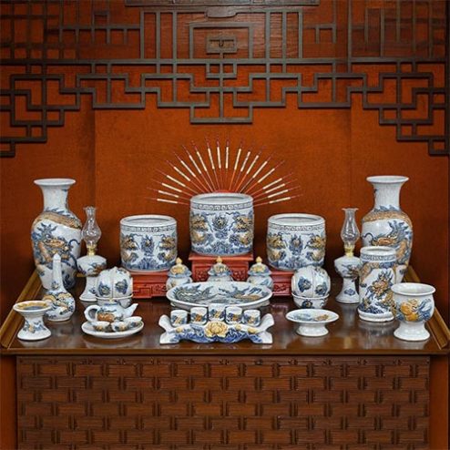 Bộ Đồ Thờ Gia Tiên Gốm Sứ Bát Tràng Men Rạn Đắp Nổi BDT119