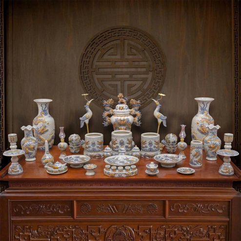 Bộ Đồ Thờ Gốm Sứ Đầy Đủ Men Rạn Đắp Nổi Bát Tràng BDT125