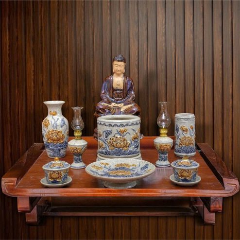 Bộ Đồ Thờ Phật Bát Tràng Men Rạn Đắp Nổi BDT127