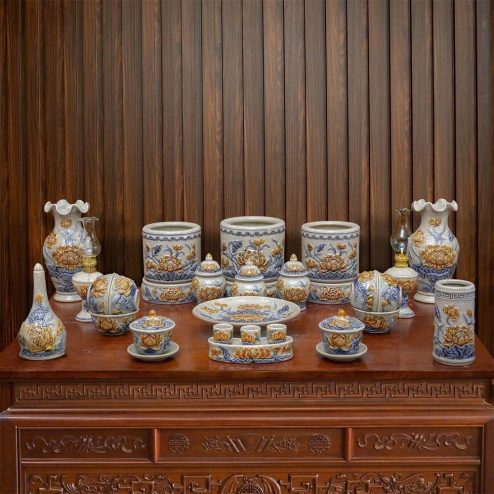 Bộ Đồ Thờ Thần Linh Gia Tiên Mẫu Hoa Sen Đắp Nổi Bát Tràng BDT135