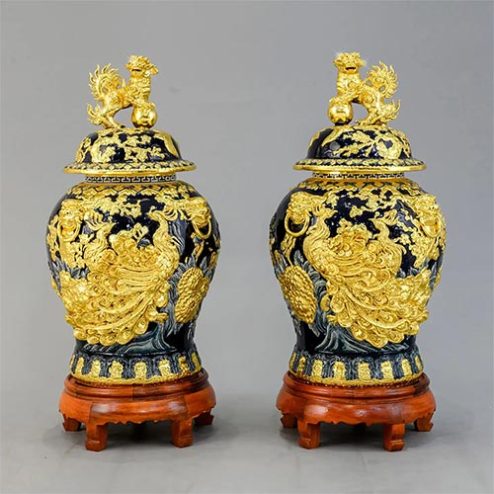 Choé Phong Thuỷ Dát Vàng Xanh Cô Ban Đắp Nổi Công Đào DT977