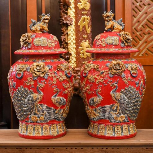 Choé Phong Thuỷ Màu Đỏ Đắp Nổi Công Đào Kênh Bát Tràng DT984