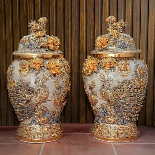 Choé Thờ Bát Tràng Đắp Nổi Công Đào Kênh Vẽ Vàng Cao Cấp DT971