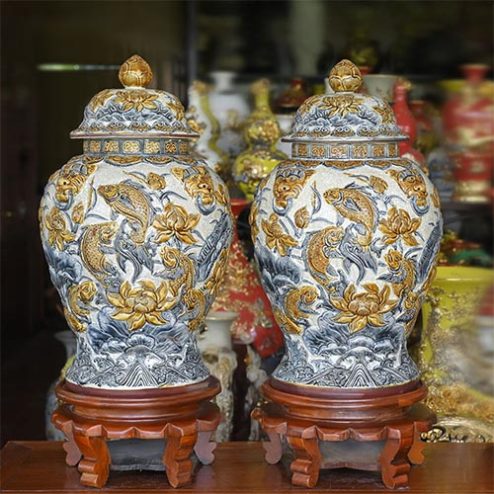 Choé Thờ Đôi Hoa Sen Cát Tường Cá Men Rạn Đắp Nổi DT966