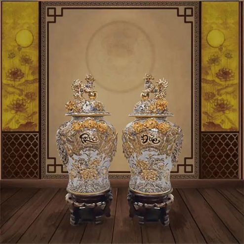 Choé Thờ Phúc Đức Men Rạn Đắp Nổi Vẽ Vàng Cao Cấp DT972