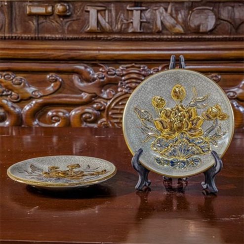 Đĩa Cau Cao Cấp Men Rạn Đắp Nổi Vẽ Vàng Bát Tràng DT881