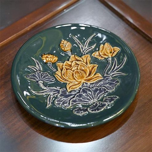 Đĩa Chầu Cau Màu Xanh Đắp Nổi Bát Tràng DT874