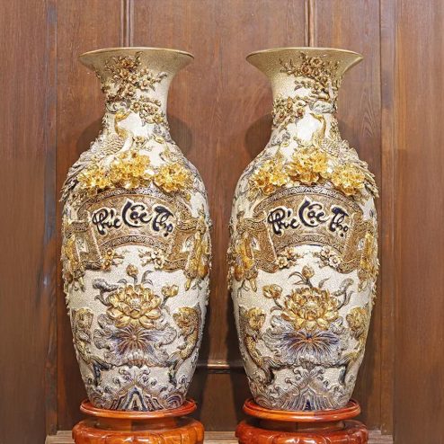 Đôi Lọ Lộc Bình Phúc Lộc Thọ Vẽ Vàng Cao Cấp Bát Tràng DT988