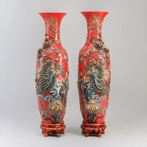 Đôi Lộc Bình Công Đào Kênh Men Màu Đỏ Đắp Nổi Bát Tràng DT922