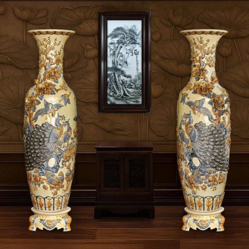 Đôi Lộc Bình Hoàng Thổ Đắp Nổi Công Đào Kênh Bát Tràng DT924