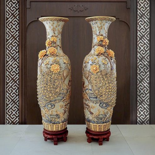 Lọ Lộc Bình Cao Cấp Công Đào Kênh Đắp Nổi Vẽ Vàng Bát Tràng DT940