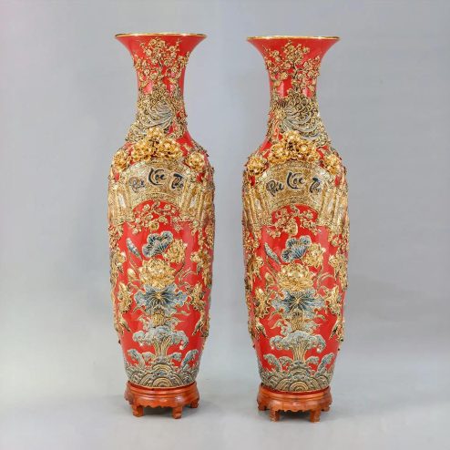 Lọ Lộc Bình Cao Cấp Phúc Lộc Thọ Vẽ Vàng Màu Đỏ Đắp Nổi DT947