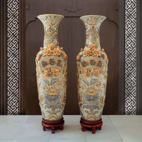 Lọ Lộc Bình Cao Cấp Vẽ Vàng Phúc Lộc Thọ Đắp Nổi Bát Tràng DT959