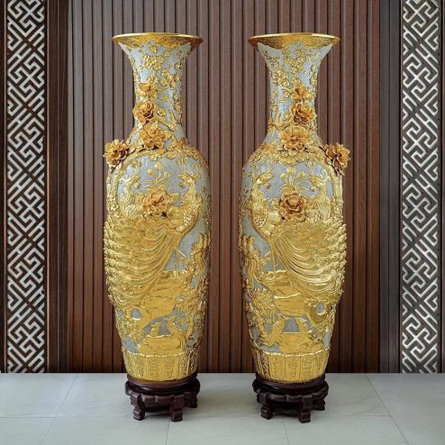 Lọ Lộc Bình Dát Vàng Men Rạn Đắp Nổi Công Đào Kênh Bát Tràng DT935