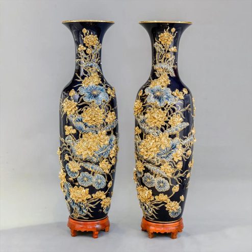 Lọ Lộc Bình Hoa Sen Vẽ Vàng Cao Cấp Xanh Coban Đắp Nổi DT960