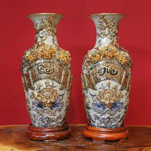 Lọ Lộc Bình Phúc Đức Vẽ Vàng Cao Cấp Men Rạn Đắp Nổi Bát Tràng Cao DT987