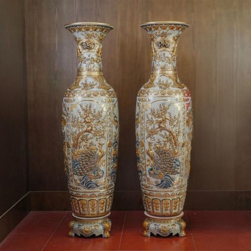 Lọ Lộc Bình Tứ Cảnh Vẽ Vàng Đắp Nổi Cao Cấp Bát Tràng DT941