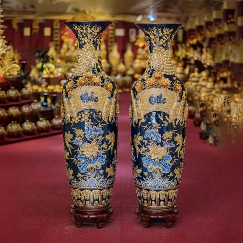 Lọ Lộc Bình Vẽ Vàng Phúc Đức Cao Cấp Xanh Coban Đắp Nổi DT961