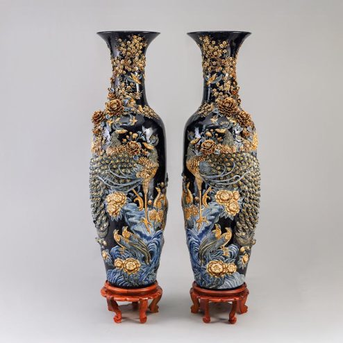 Lọ Lộc Bình Xanh Coban Đắp Nổi Bát Tràng Mẫu Công Đào Kênh DT927