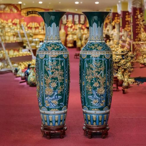 Lọ Lộc Bình Xanh Lục Bảo Đắp Nổi Tứ Cảnh Vẽ Vàng Cao Cấp DT958