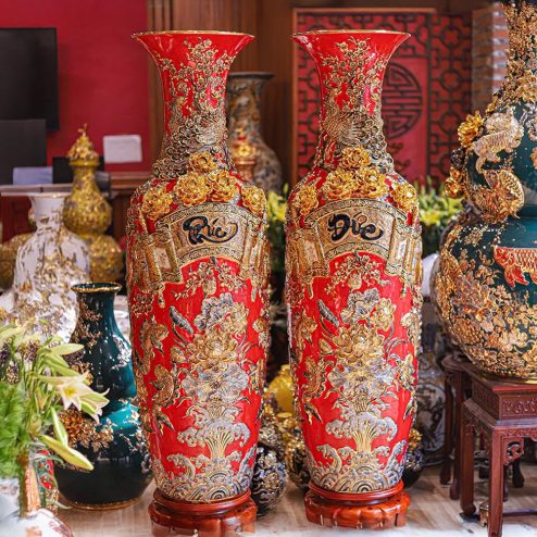 Lộc Bình Cao Cấp Phúc Đức Đắp Nổi Vẽ Vàng Men Màu Đỏ DT948