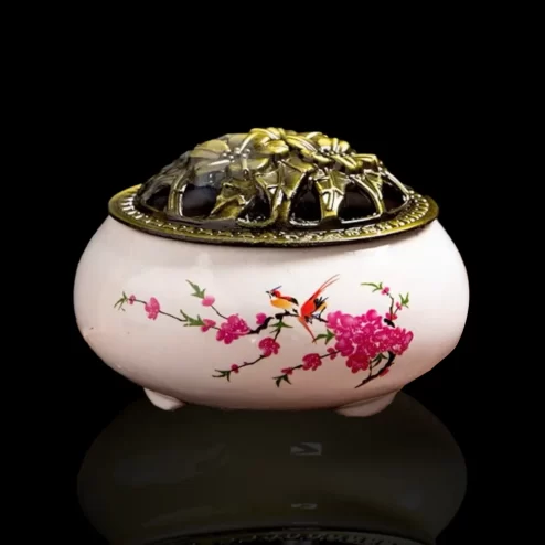 Lư Xông Trầm Hương Gốm Vân Rạn Trắng Hoa Đào PK9518 An Phát