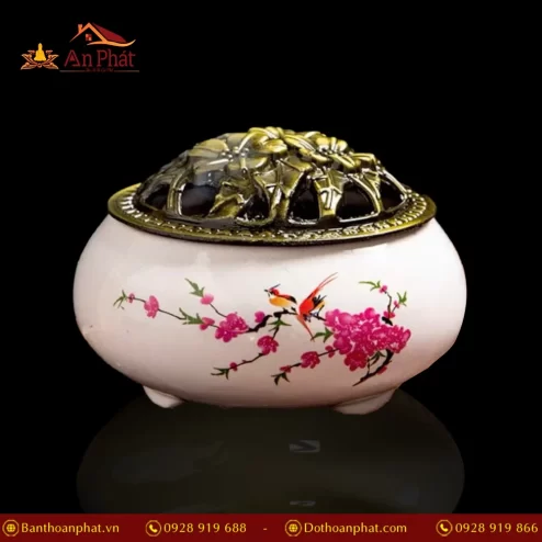 Lư Xông Trầm Hương Gốm Vân Rạn Trắng Hoa Đào PK9518 An Phát