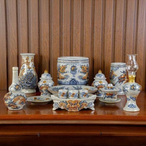 Bộ Đồ Thờ Cho Bàn Thờ Treo Tường Men Rạn Bát Tràng BDT170