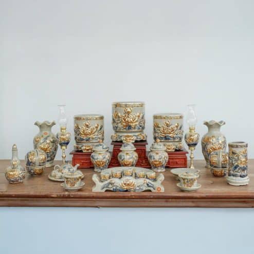 Bộ Đồ Thờ Hoa Sen Vẽ Vàng Cao Cấp Gốm Sứ Bát Tràng BDT180