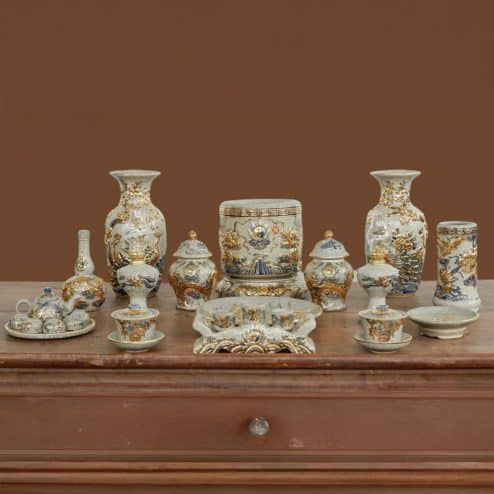 Bộ Đồ Thờ Thần Tài Vẽ Vàng Cao Cấp Gốm Sứ Bát Tràng BDT182