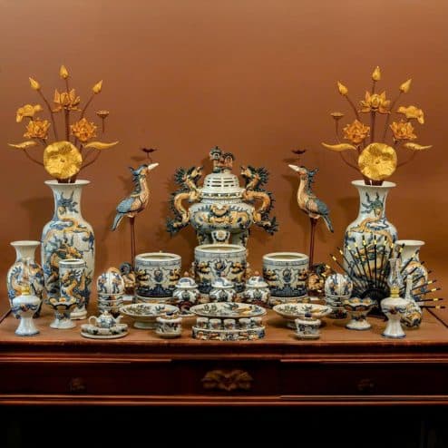 Bộ Đồ Thờ Từ Đường Đầy Đủ Gốm Sứ Bát Tràng Men Rạn Đắp Nổi BDT175