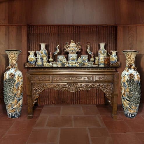 Combo Bộ Đồ Thờ Gốm Sứ Bát Tràng Men Rạn Đắp Nổi Đầy Đủ BDT177