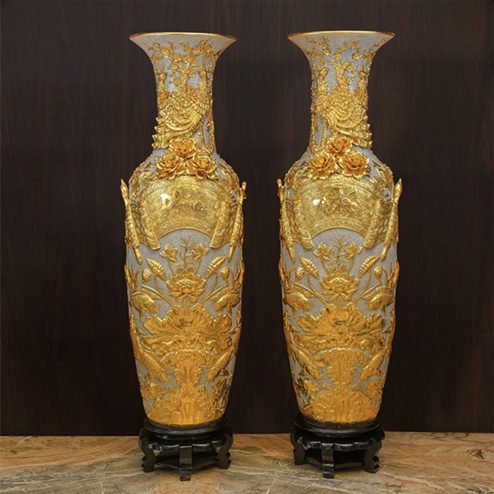 Lộc Bình Dát Vàng Kín Cao Cấp Mẫu Phúc Đức Men Rạn Đắp Nổi DT990