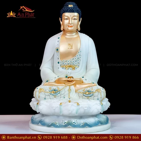 Tượng Bổn Sư Thích Ca Mâu Ni Tọa Đài Sen Đá Hiệu Ứng Đồng Xanh trắng T2379