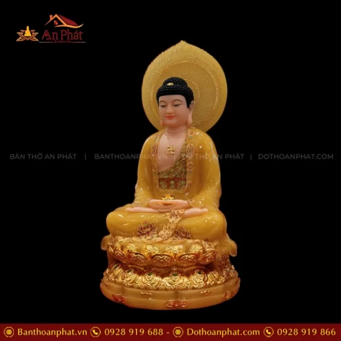 Tượng Bổn sư Thích ca Mâu Ni Tọa Đài Sen Dát Vàng Ngọc Thạch Có Lá Đề T2384