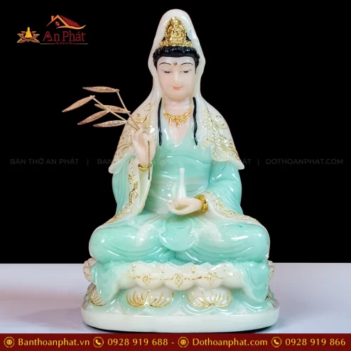 Tượng Quan Âm Ngồi Đá Đài Loan Màu Xanh T2374