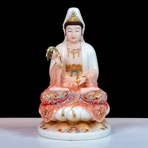 Tượng Quan Âm Tọa Đài Sen Đá Thạch Anh Cam Vàng T2301