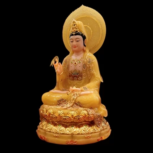 Tượng Quan Thế Âm Bồ Tát Tọa Đài Sen Dát Vàng Ngọc Thạch Có Lá Đề T2383