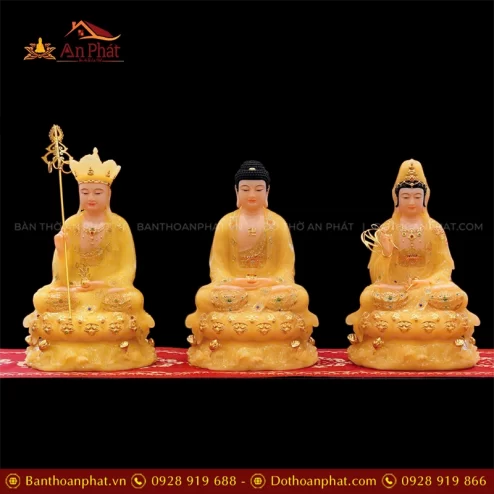 Tượng Ta Bà Tam Thánh Tọa Đài Sen Dát Vàng Ngọc Thạch Có Lá Đề T2381