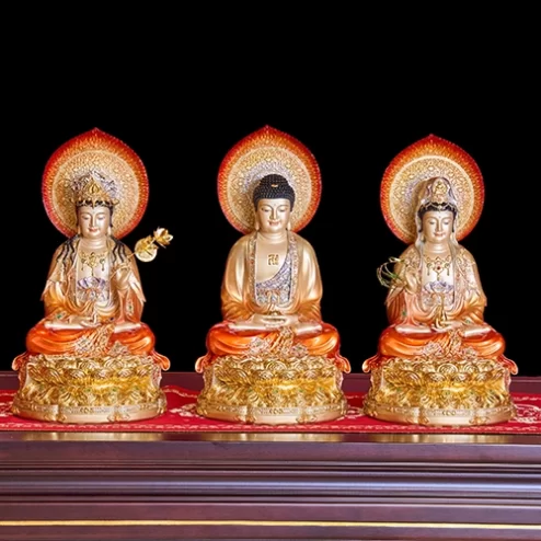 Tượng Tây Phương Tam Thánh Đá Hiệu Ứng Đồng Tọa Đài Sen Đỏ Ánh Kim Dát Vàng Có Lá Đề T2329