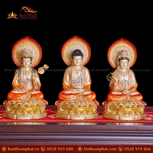 Tượng Tây Phương Tam Thánh Đá Hiệu Ứng Đồng Tọa Đài Sen Đỏ Ánh Kim Dát Vàng Có Lá Đề T2329