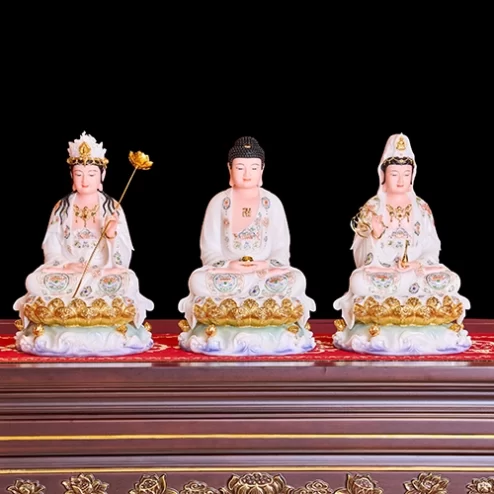 Tượng Tây Phương Tam Thánh Toạ Đài Sen Trắng Vẽ Gấm T2310