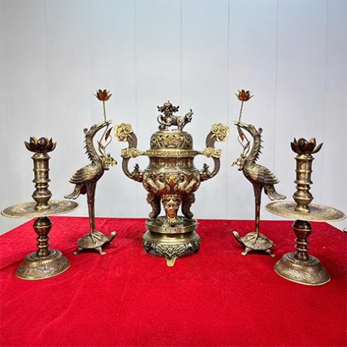 Bộ Đỉnh Hạc Bằng Đồng Đủ Bộ Ngũ Sự Cao Cấp Mẫu Cuốn Thư Hạc Cánh Tiên DT1083