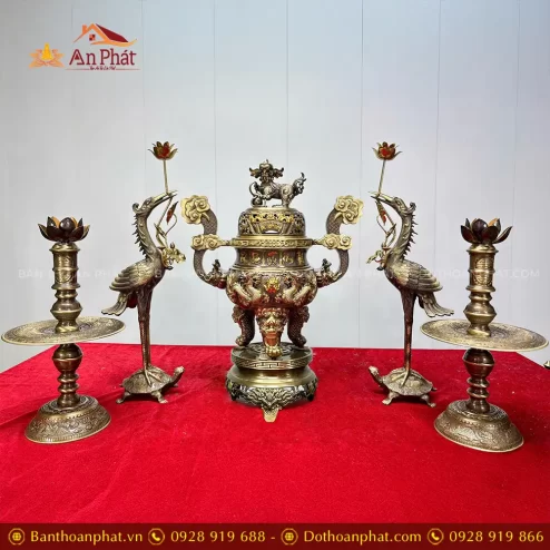 Bộ Đỉnh Hạc Bằng Đồng Đủ Bộ Ngũ Sự Cao Cấp Mẫu Cuốn Thư Hạc Cánh Tiên DT1083